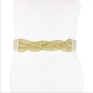 BCBG MAXAZRIA WAIST BELT GOLD TONED CHAIN GREEN GEM FAUX DIAMONDS BEIGE